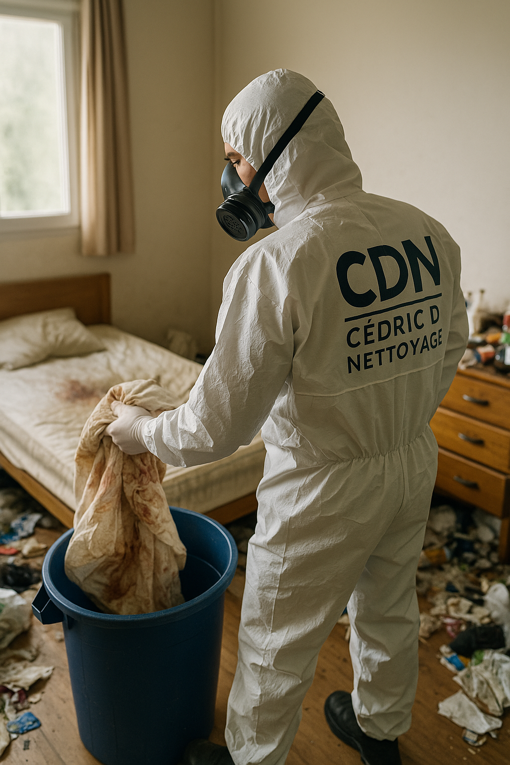 Nettoyage d'une chambre après décès par un agent CDN en tenue de protection à Toulouse