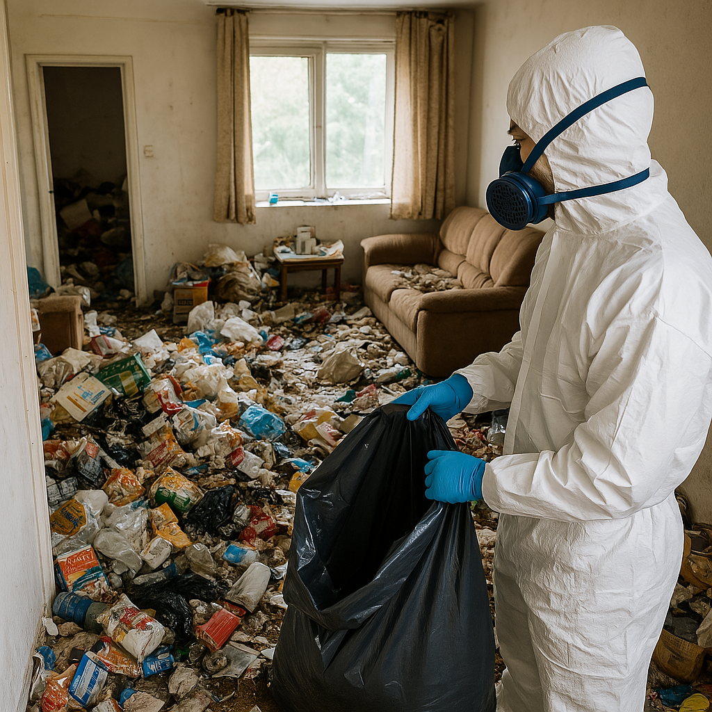 Nettoyage d'un logement insalubre rempli de déchets par un agent équipé en protection intégrale