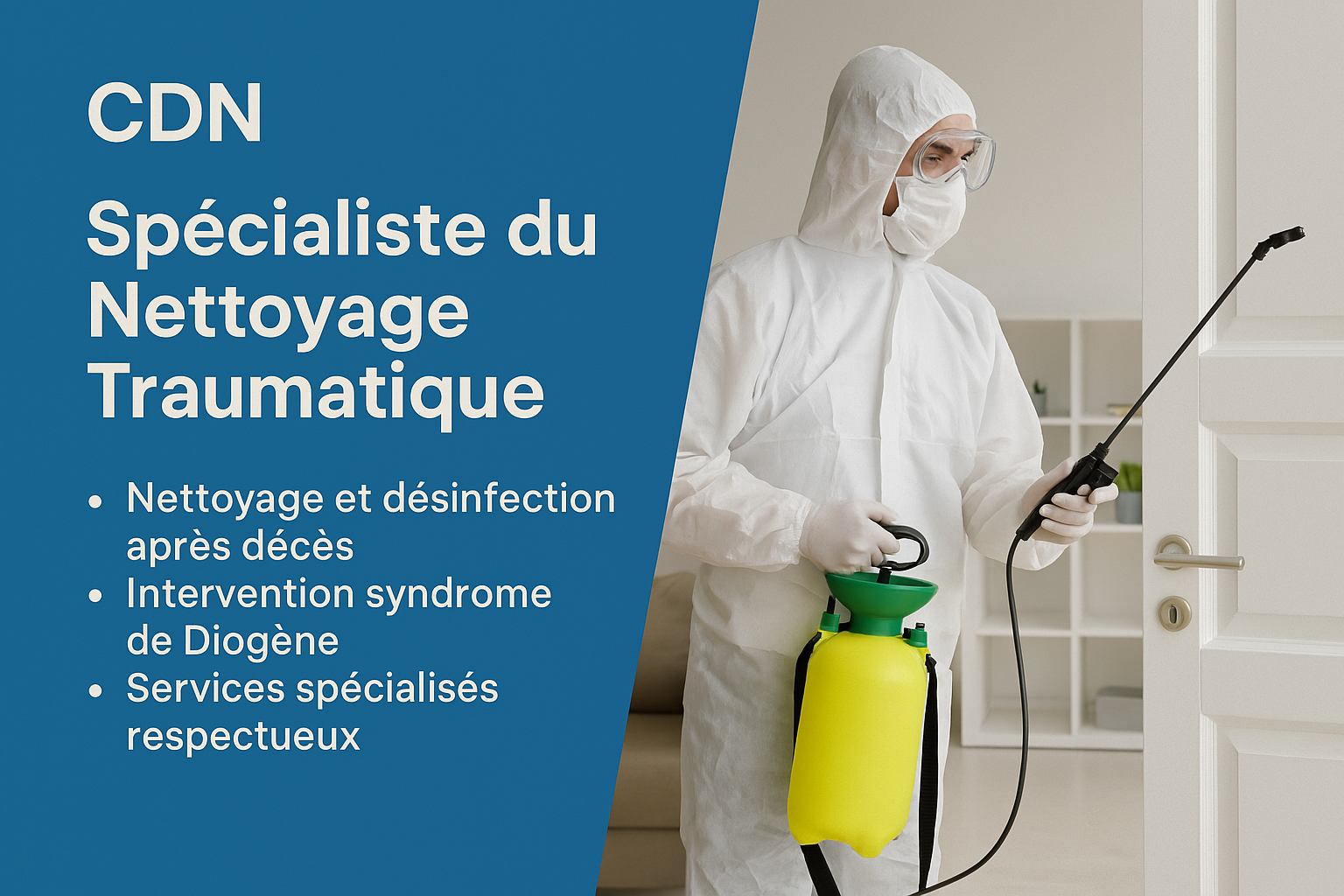 Technicien CDN réalisant un nettoyage traumatique dans une pièce désinfectée à Toulouse